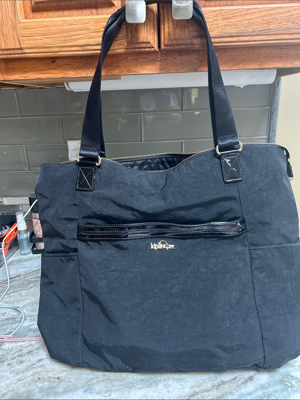 Kipling Black Nylon Shoulder Tote with Front Zip Pocket